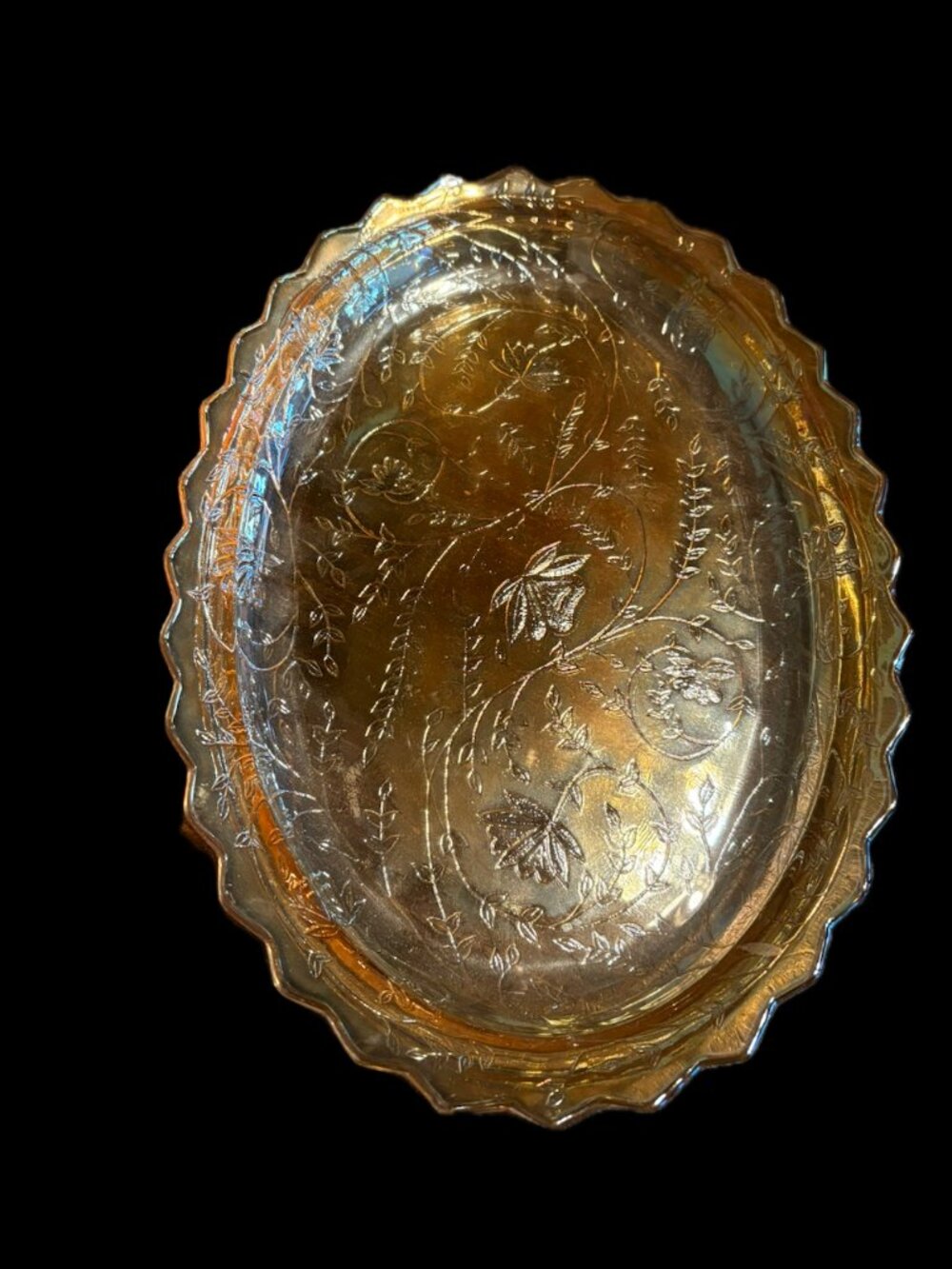 Vintage Jeannette Glass "Floragold Louisa" Marigold Iridescent Platter 50s